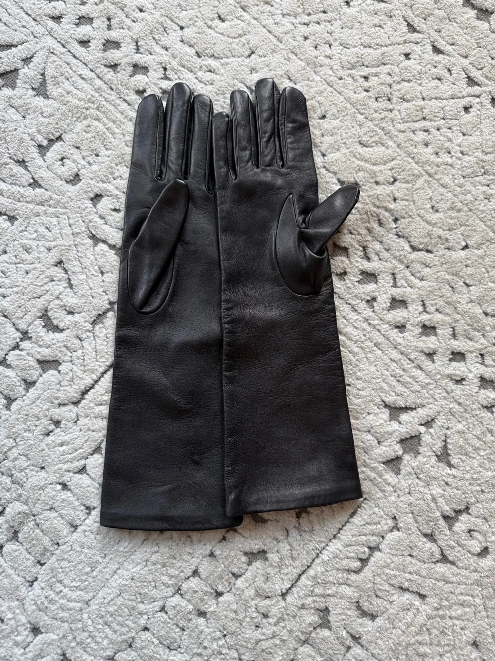 Black Leather Opera Gloves with Pink and Gold Star Appliqués